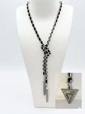 GUESS 18”L Silver Tone & Black Ribbon Interlaced Iconic Lariat Tassel Necklace